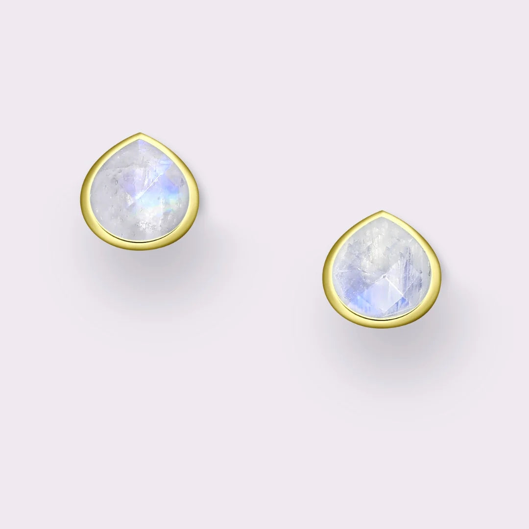 Tear Drop Stone Stud Earrings (Gold/Rainbow Moonstone)