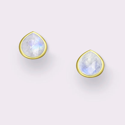Tear Drop Stone Stud Earrings (Gold/Rainbow Moonstone)