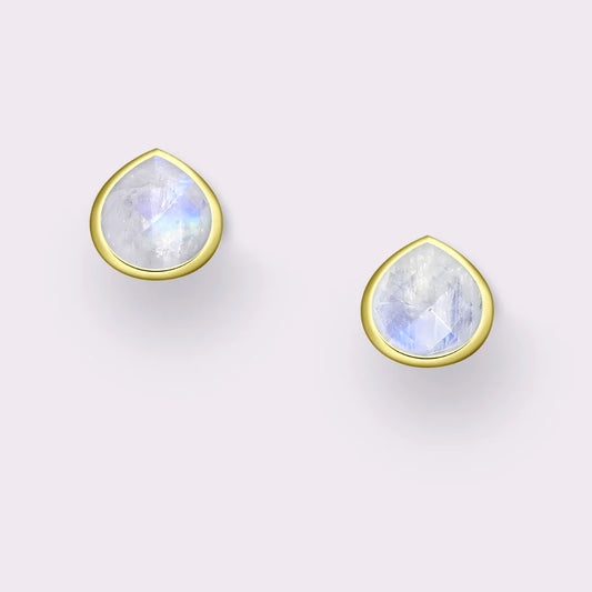 Tear Drop Stone Stud Earrings (Gold/Rainbow Moonstone)