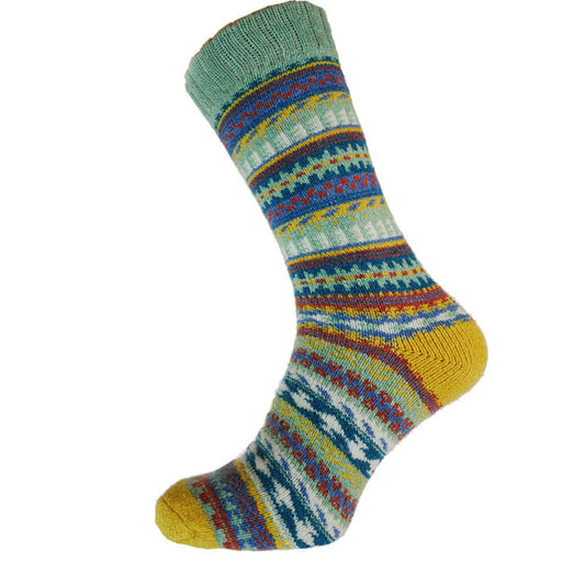 8-12 Wool Blend Socks Scandi (Blue/Green/Yellow)