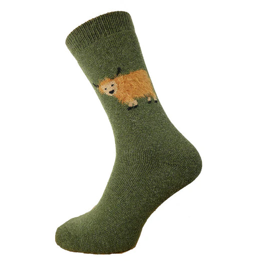 8-12 Wool Blend Socks Highland Cow Green