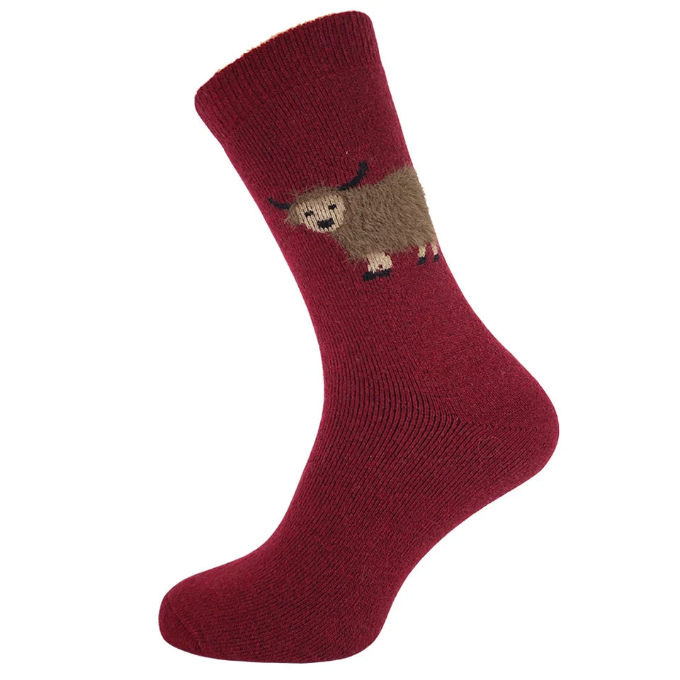 8-12 Wool Blend Socks Highland Cow (Burgundy)