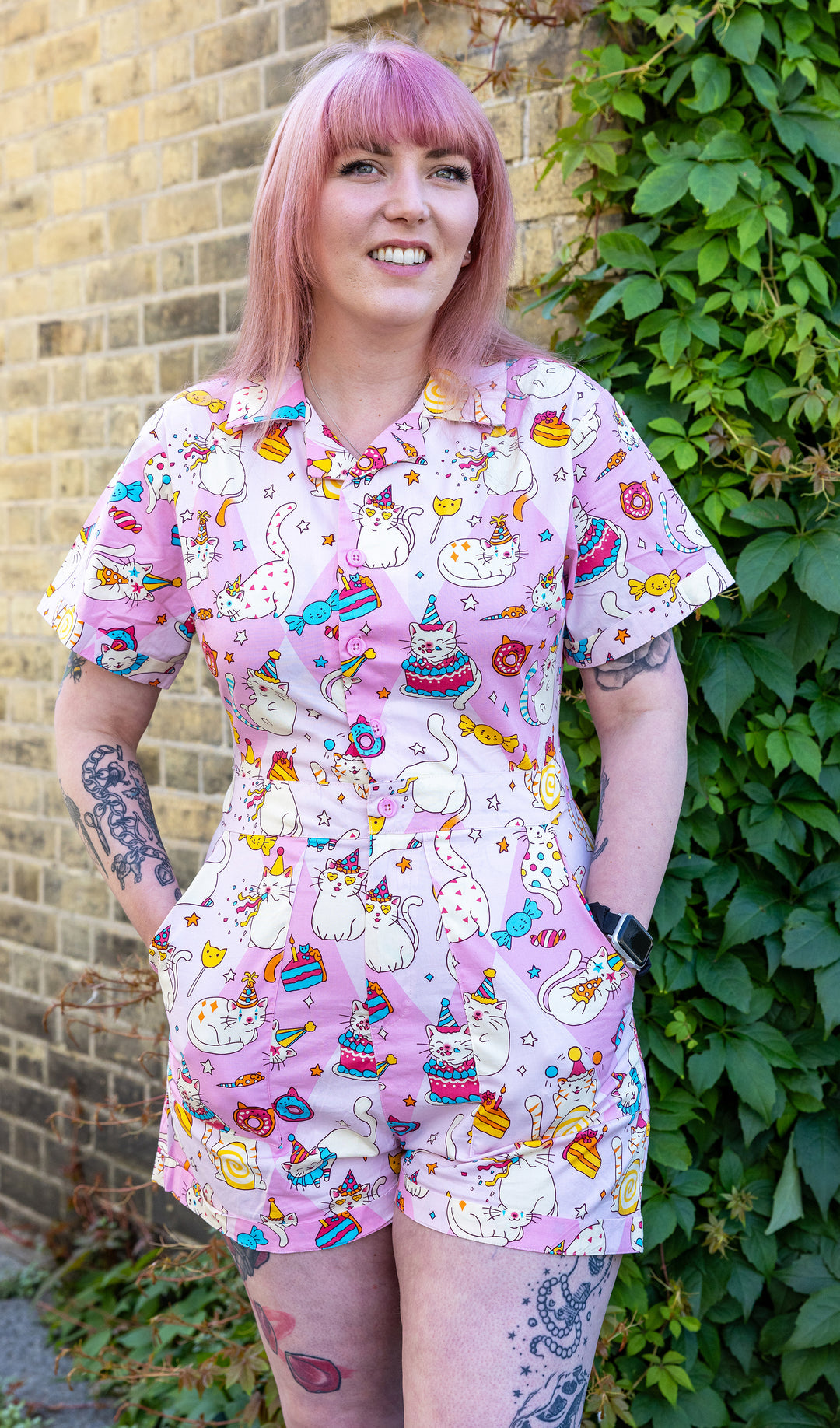 Run & Fly Mushroom Babes Party Cats Stretch Playsuit