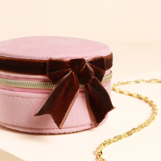Pink & Burgundy Velvet Bow Mini Round Jewellery Case