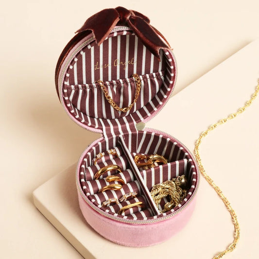 Pink & Burgundy Velvet Bow Mini Round Jewellery Case