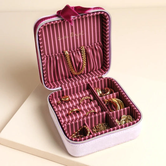 Lilac & Fuchsia Velvet Bow Square Travel Jewellery Case