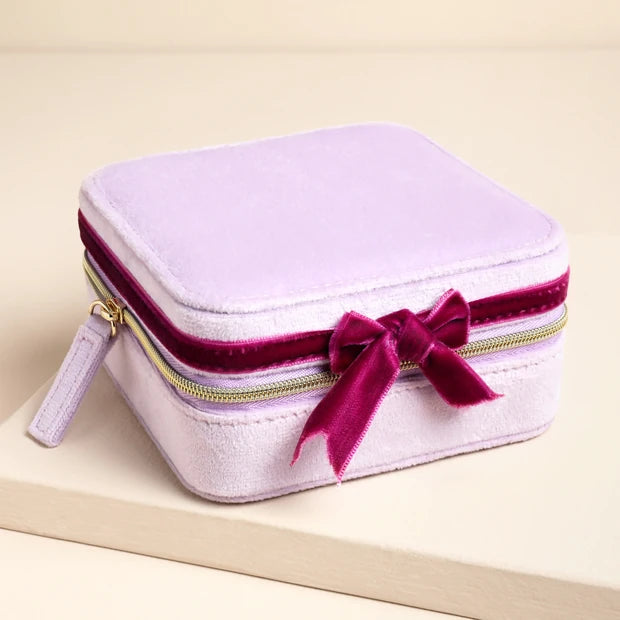 Lilac & Fuchsia Velvet Bow Square Travel Jewellery Case