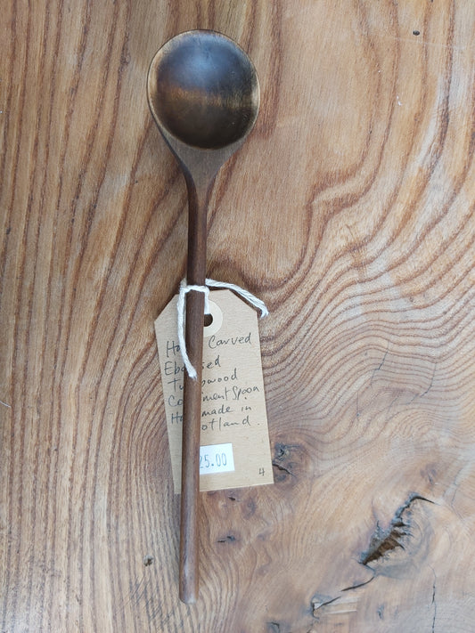 Hand Carved Long Handled Ebonised Tulipwood Condiment Spoon