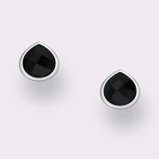 Tear Drop Stone Stud Earrings (Silver/Black Spinel)