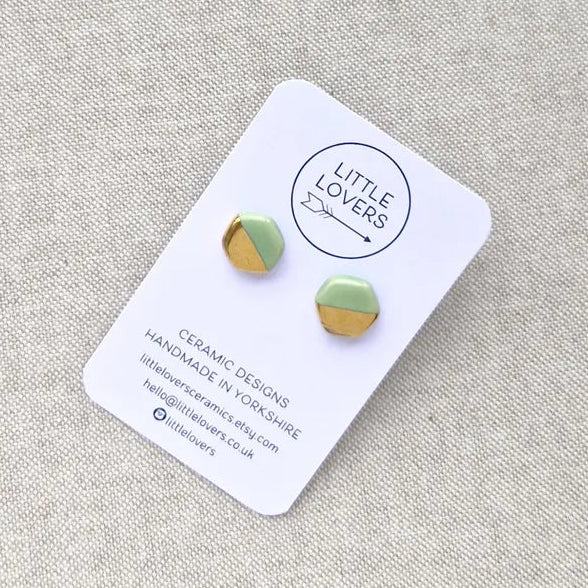 Carrie Block Colour Stud Earrings - Spring Green & Gold Hexagon