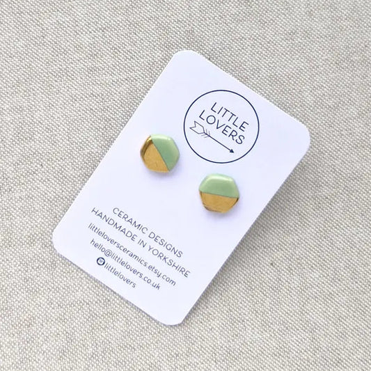 Carrie Block Colour Stud Earrings - Spring Green & Gold Hexagon