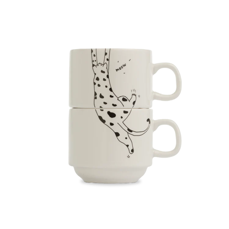 Porcelain Set of 2 Stackable Mugs - Meow