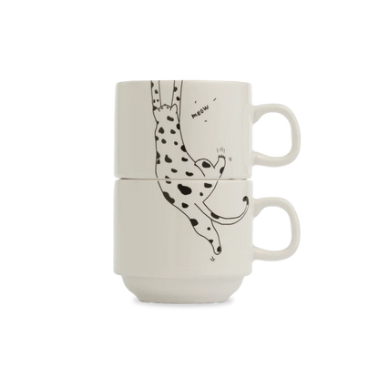 Porcelain Set of 2 Stackable Mugs - Meow
