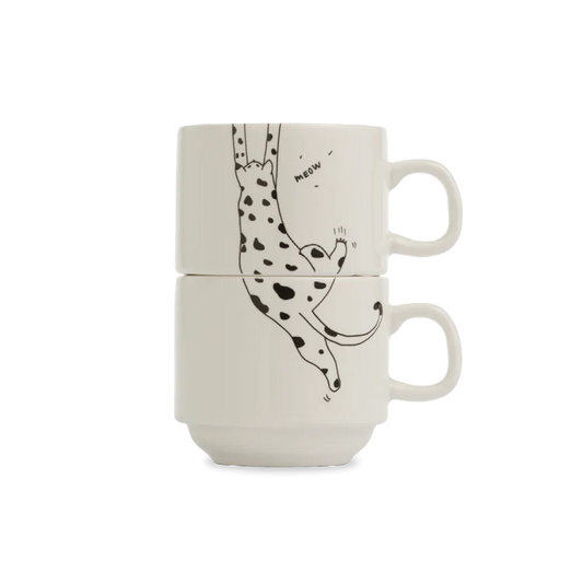 Porcelain Set of 2 Stackable Mugs - Meow