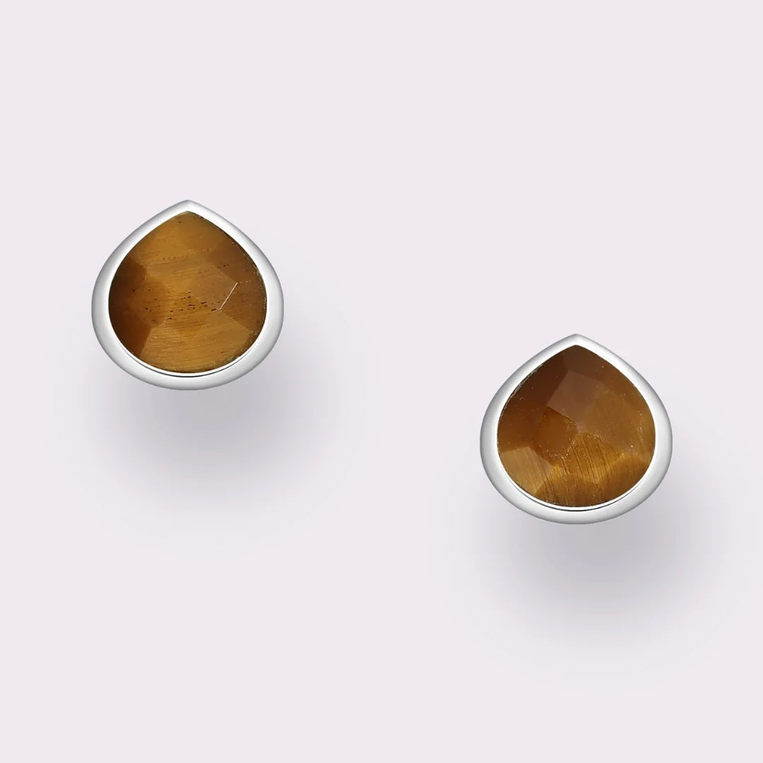 Tear Drop Stone Stud Earrings (Silver/Tigers Eye)
