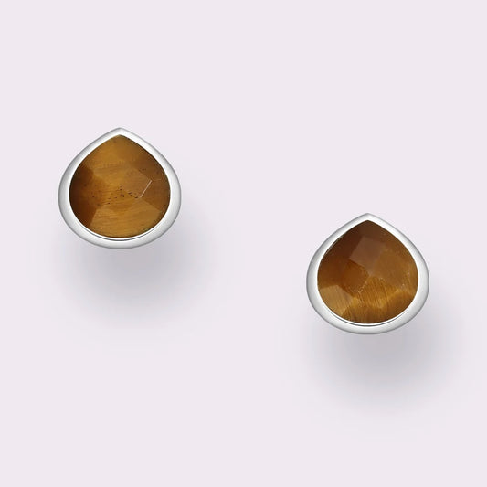 Tear Drop Stone Stud Earrings (Silver/Tigers Eye)