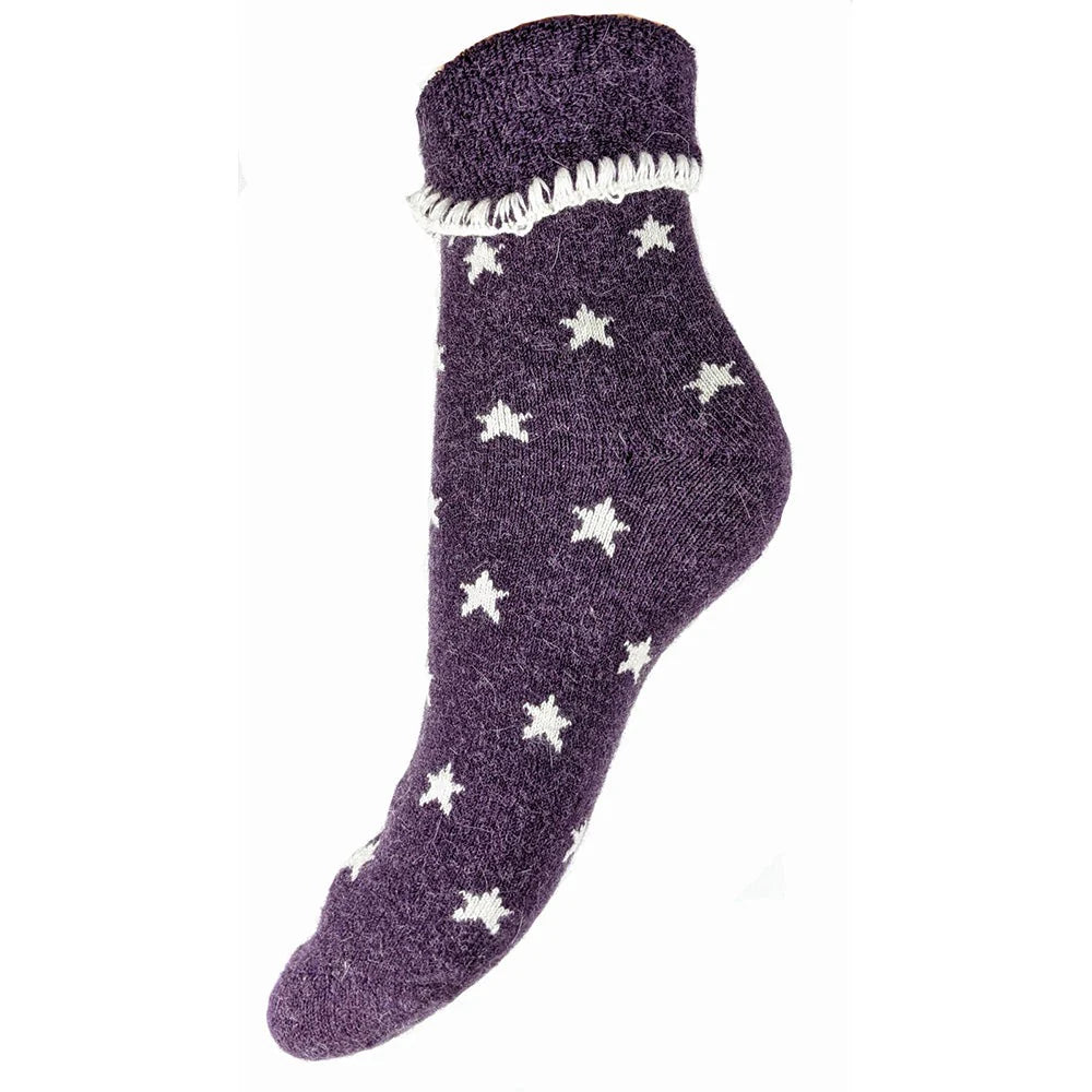 4-7 Wool Blend Cuff Socks Purple with Cream Stars