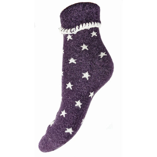 4-7 Wool Blend Cuff Socks Purple with Cream Stars