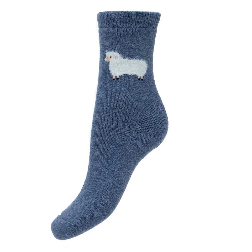 4-7 Wool Blend Socks White Sheep (Blue)