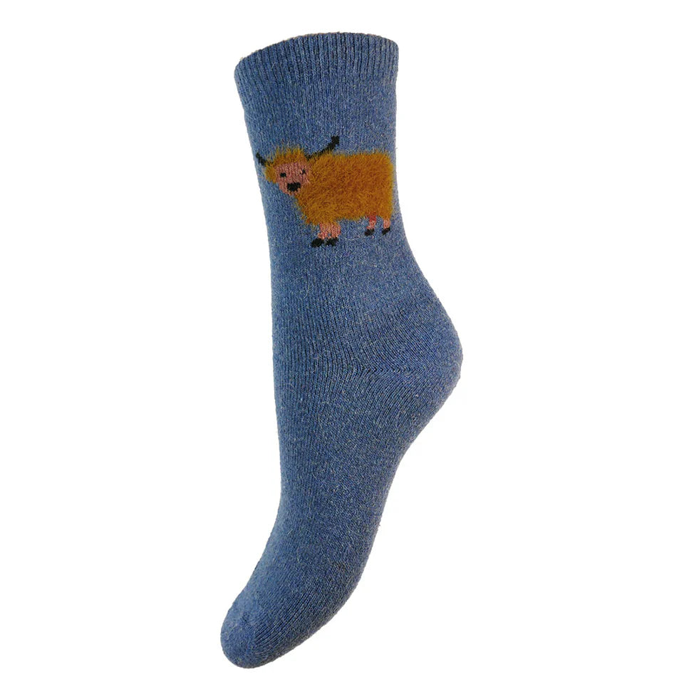 4-7 Wool Blend Socks Brown Cow (Blue)