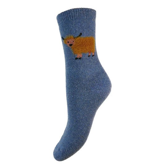 4-7 Wool Blend Socks Brown Cow (Blue)