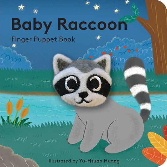 small puppet book featuring adorable baby raccoon